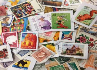 An assortment of postage stamps from around the world.