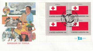Postage stamps from Tonga featuring Red Cross symbols and cultural artwork.
