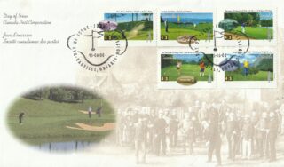 Golf-themed stamps with vintage golfing images and collector's postmark.