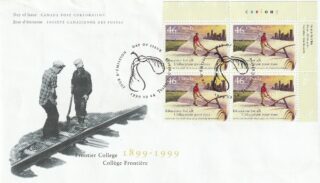 Canadian stamps celebrating Frontier College's centennial, showing workers on railroad tracks.