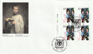 A commemorative envelope featuring a classic drawing and two stamps with illustrated figures.