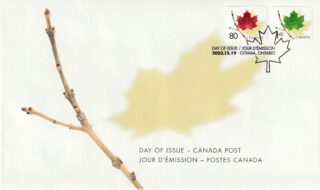 Canadian first day cover with maple leaf stamps and a twig illustration.