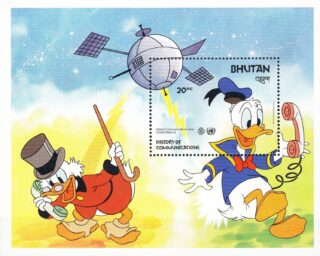 Donald Duck and Scrooge McDuck feature on a Bhutan souvenir sheet about the history of communication.
