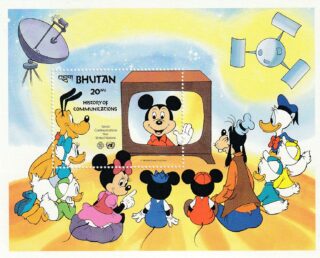 Bhutan souvenir sheet featuring Disney characters watching Mickey on TV; the history of communications.