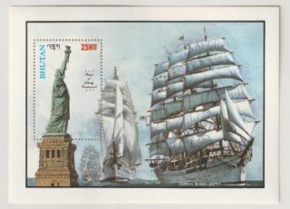 Bhutan souvenir sheet featuring the Statue of Liberty and sailing ships.