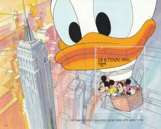 Mickey and Minnie Mouse in a hot air balloon near the Empire State Building.