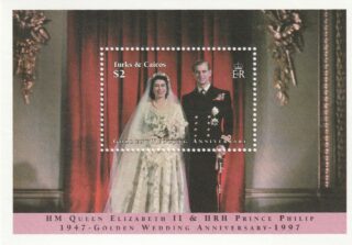 A souvenir sheet of a wedding portrait of Queen Elizabeth II and Prince Philip celebrating their Golden wedding anniversary.