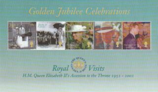 Souvenir sheet commemorating royal visits during Queen Elizabeth II's Golden Jubilee.