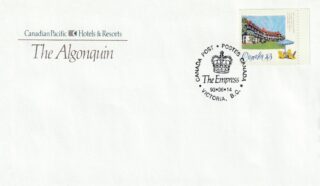 Envelope from Canadian Pacific Hotels with The Algonquin branding and a Canada postage stamp.