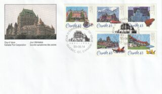 Canada's iconic hotels depicted on commemorative stamps with a special day of issue postmark.