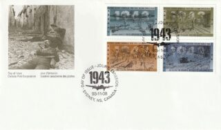 Canadian WWII stamps with soldiers and military scenes from 1943.
