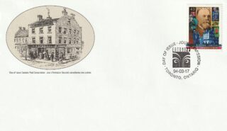 A Canadian first day cover featuring T. Eaton Company with historical building sketch and commemorative stamp.