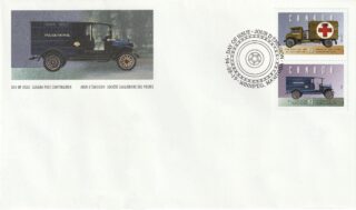 Canadian stamps featuring vintage police wagon from 1925 and military ambulance vehicle from 1942 - 1943.