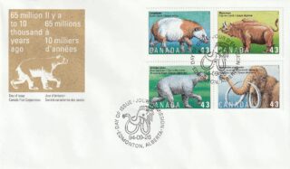 Canadian stamps featuring prehistoric animals with a mammoth postmark from Edmonton.