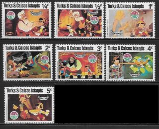 Set of 1980 Turks & Caicos Islands stamps featuring scenes from Pinocchio. Set contains 7 stamps.