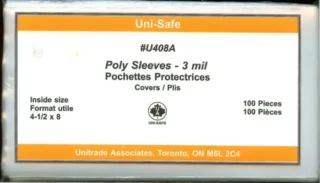 Package of Uni-Safe Poly Sleeves #U408A. Size of sleeve is 4.5 x 8 inches. Each package contains 100 pieces.