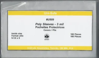 Uni-Safe poly sleeves #U509. Each sleeve is 3 mil thick, and is 5.25 x 9 inches. Each package contains 100 pieces.