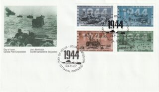 Canadian stamps commemorating the 1944 Second World War events with historic imagery and a day of issue postmark.