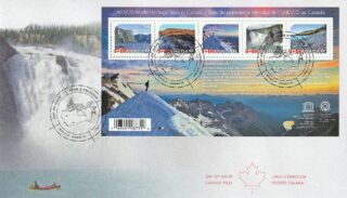 Canadian UNESCO World Heritage Sites commemorated on stamps with scenic landscapes.