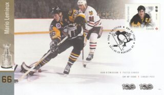 Commemorative hockey stamp and envelope featuring Mario Lemieux, number 66.