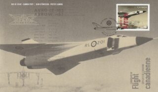 Canadian Avro CF-105 Arrow jet featured on a commemorative stamp and cover.