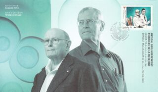 Canadian stamp honoring medical pioneers James Till and Ernest McCulloch.