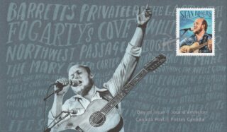 A Canadian stamp and illustration of Stan Rogers singing with a guitar.