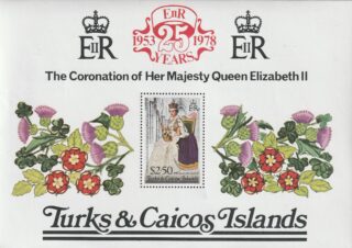 Turks & Caicos Islands souvenir sheet commemorating Queen Elizabeth II coronation 25th anniversary.
